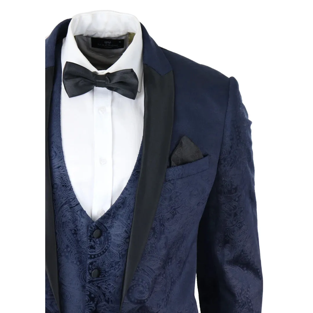 Simon - Men's Marc Darcy Velvet Paisley Blue Fit 3 Piece Suit Tuxedo Wedding