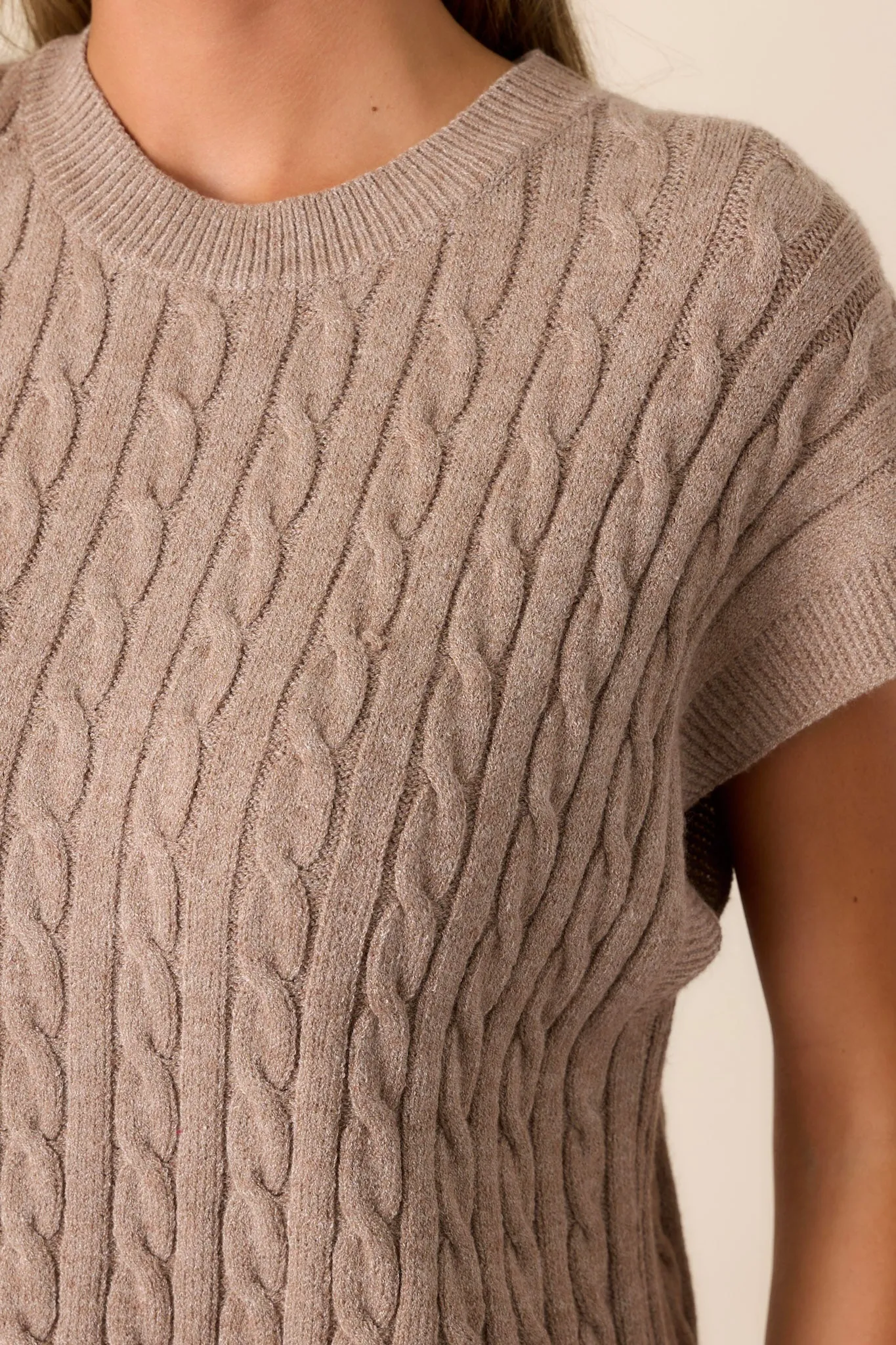 Talking To You Taupe Cable-Knit Cap Sleeve Sweater