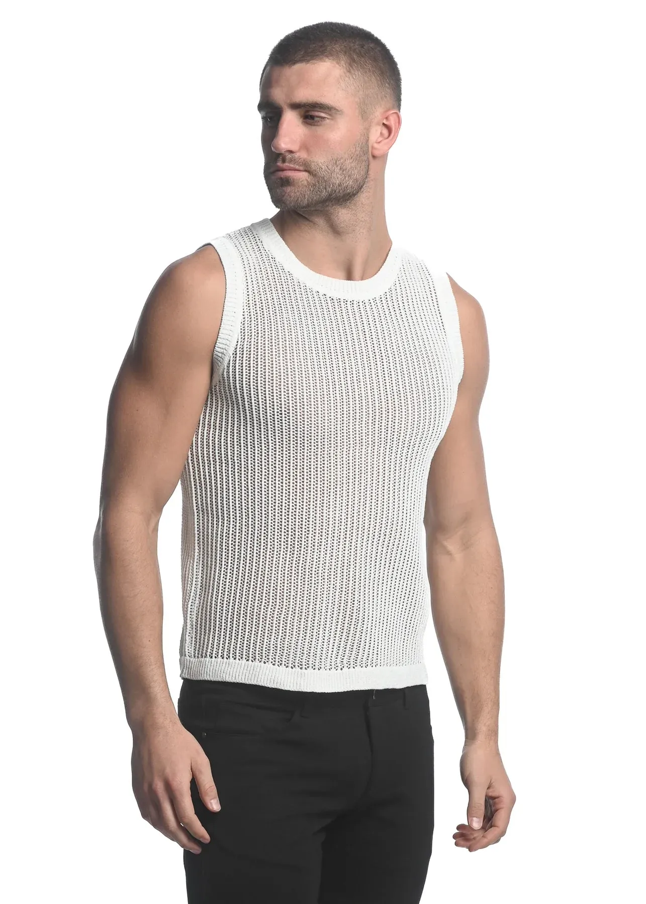 Thin Striped Textured Knit Vest (White)