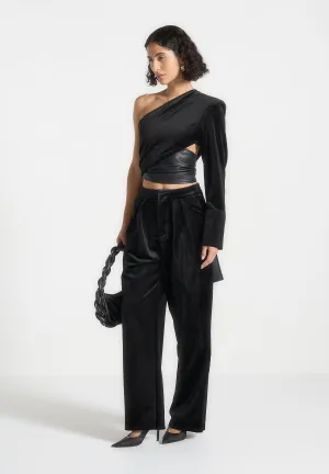 Velvet Tailored Pleated Trousers - Black