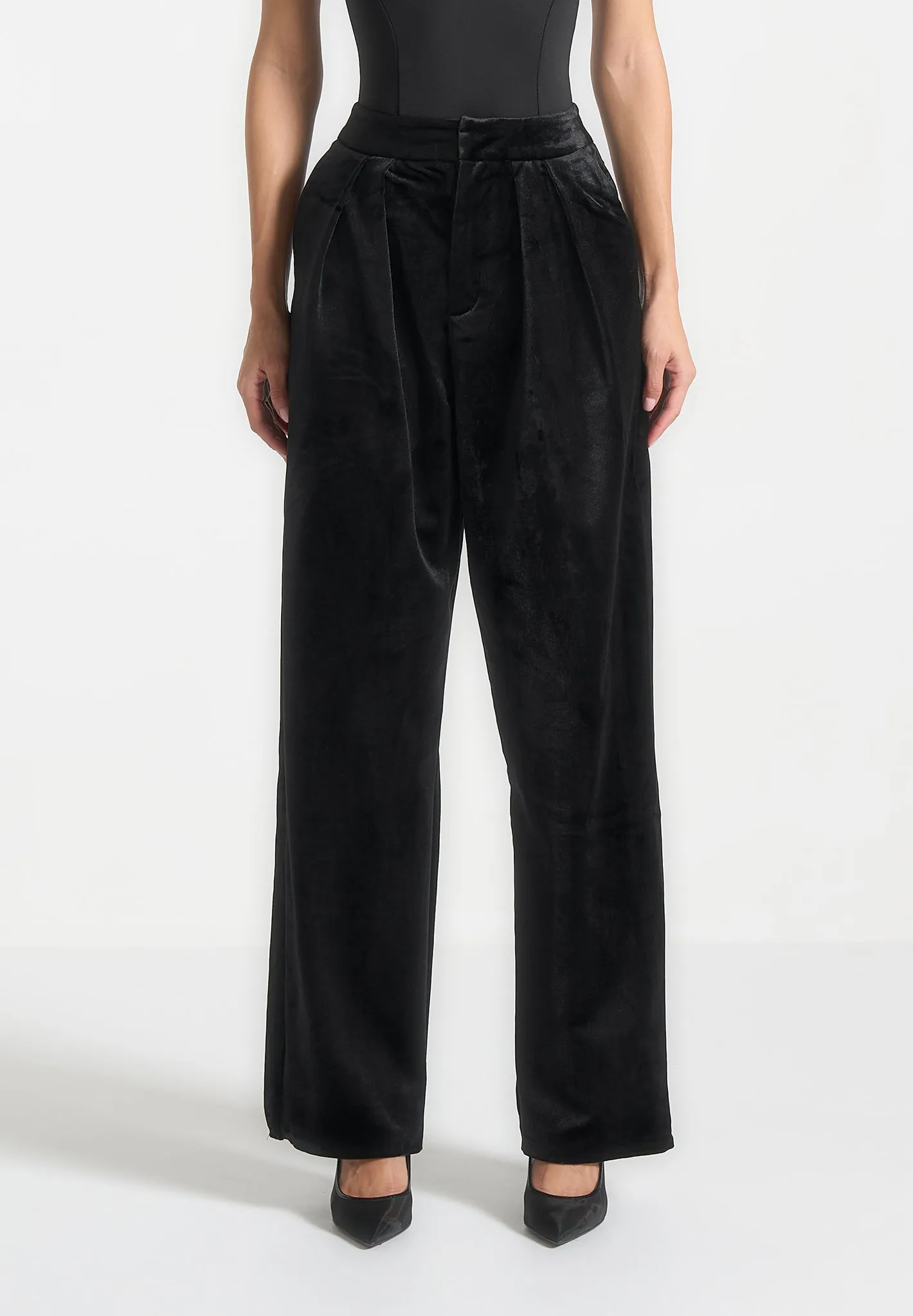 Velvet Tailored Pleated Trousers - Black