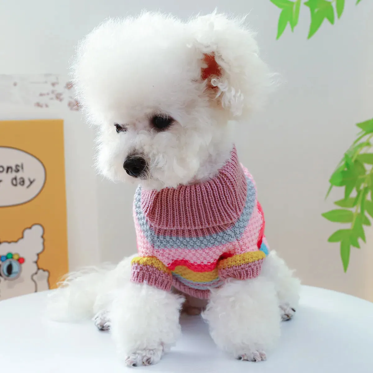 Vibrant Comfort: Colorful Stripes Autumn and Winter Thickened Warm Pullover - Elastic Knitted Sweater for Small to Medium Dogs and Cats