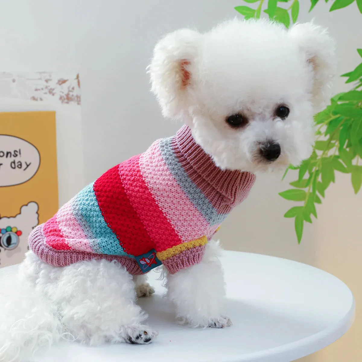 Vibrant Comfort: Colorful Stripes Autumn and Winter Thickened Warm Pullover - Elastic Knitted Sweater for Small to Medium Dogs and Cats