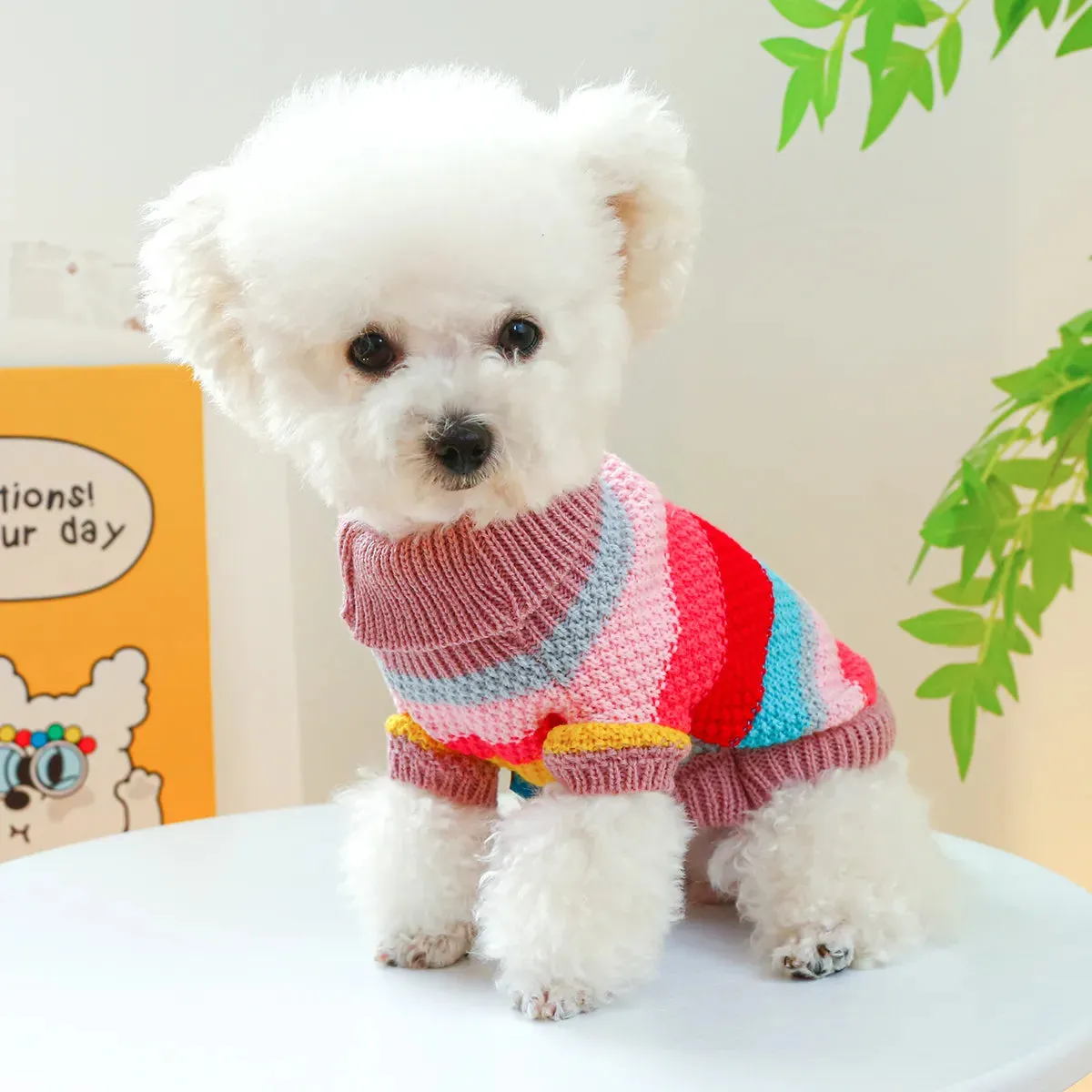 Vibrant Comfort: Colorful Stripes Autumn and Winter Thickened Warm Pullover - Elastic Knitted Sweater for Small to Medium Dogs and Cats