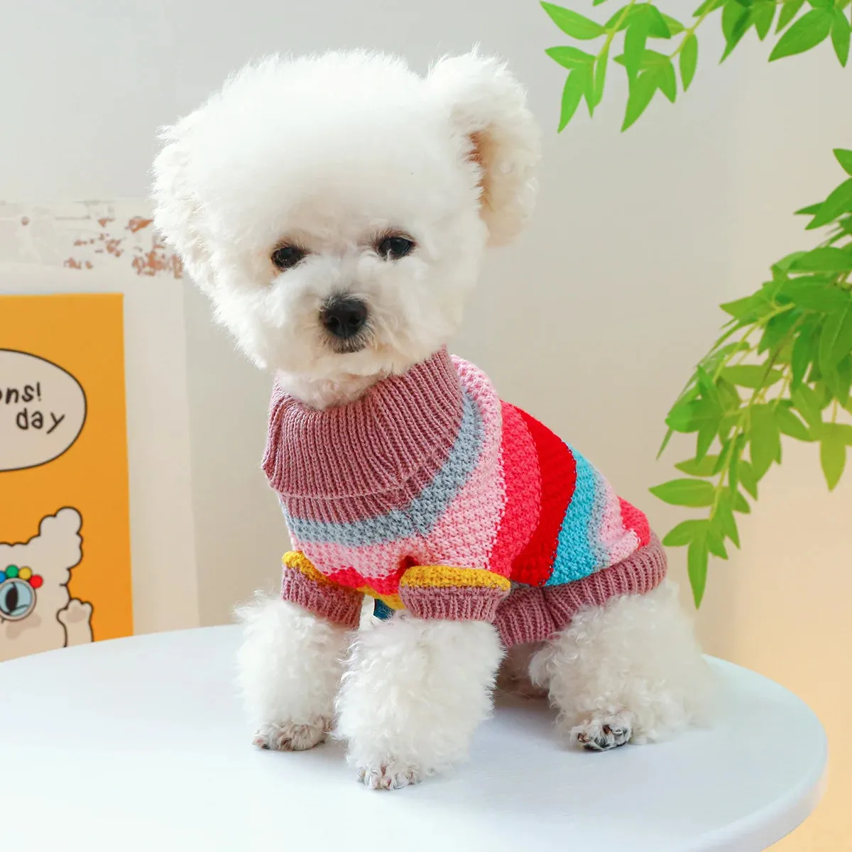 Vibrant Comfort: Colorful Stripes Autumn and Winter Thickened Warm Pullover - Elastic Knitted Sweater for Small to Medium Dogs and Cats