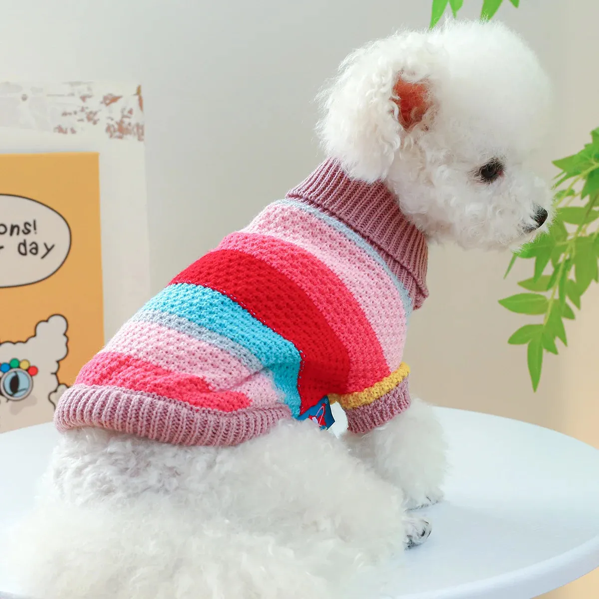 Vibrant Comfort: Colorful Stripes Autumn and Winter Thickened Warm Pullover - Elastic Knitted Sweater for Small to Medium Dogs and Cats