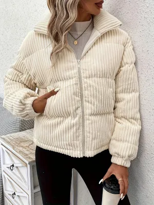 Women's Comfortable Solid Beige Ribbed Puffer Jacket with Zip | Ideal for Autumn/Winter