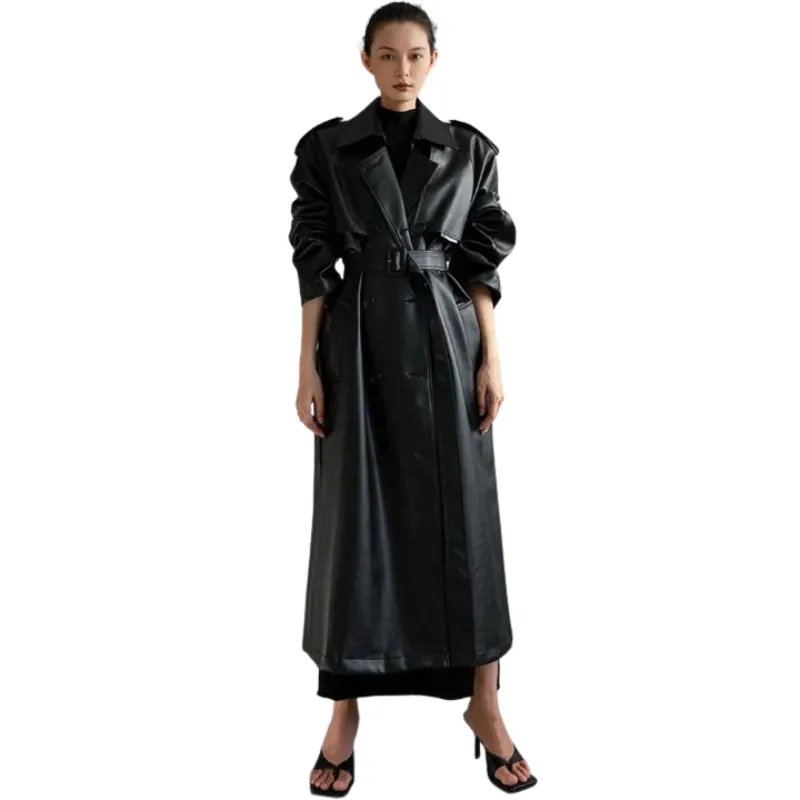 Women's Extra Long Oversized Black Faux Leather Trench Coat