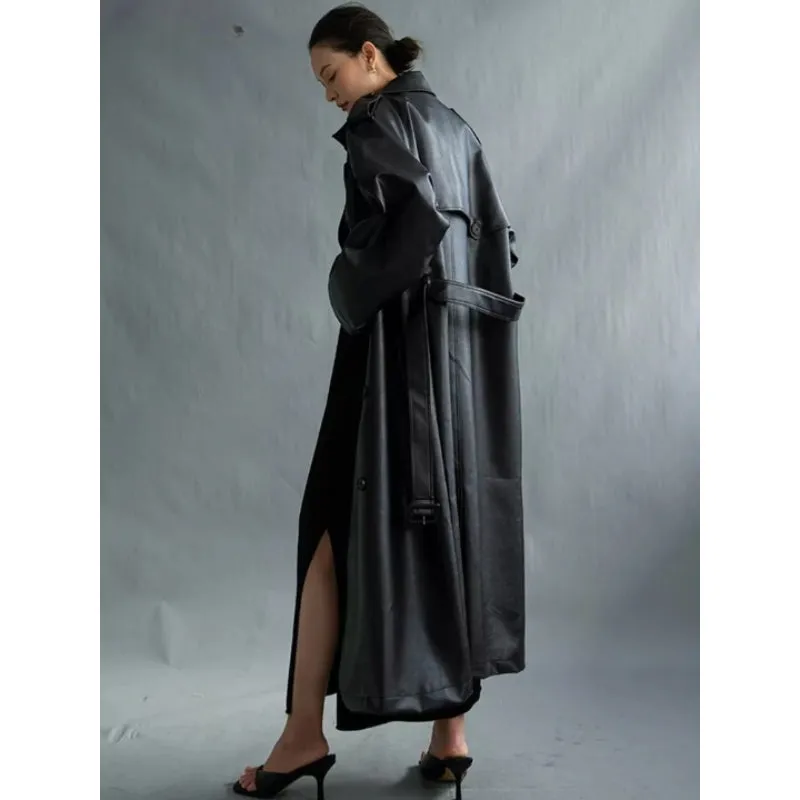 Women's Extra Long Oversized Black Faux Leather Trench Coat