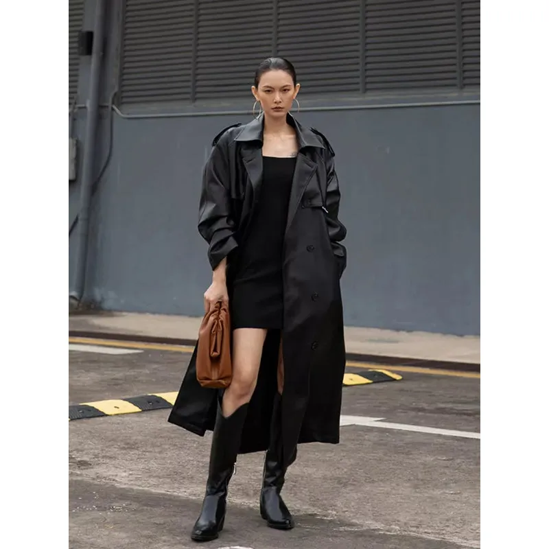 Women's Extra Long Oversized Black Faux Leather Trench Coat