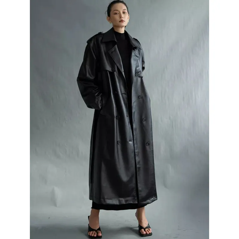 Women's Extra Long Oversized Black Faux Leather Trench Coat