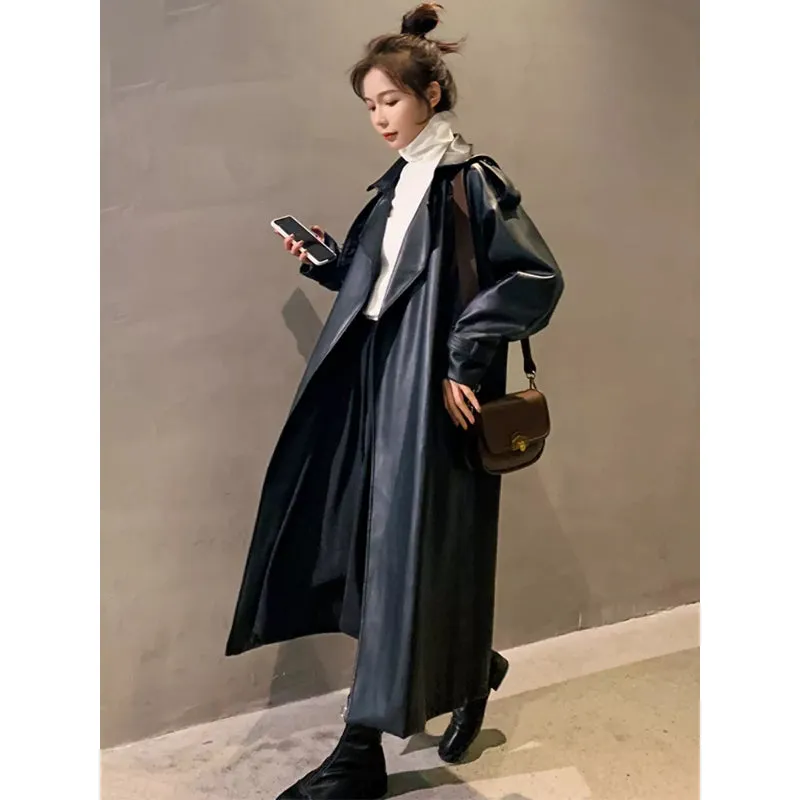 Women's Oversized Long Waterproof Faux Leather Trench Coat