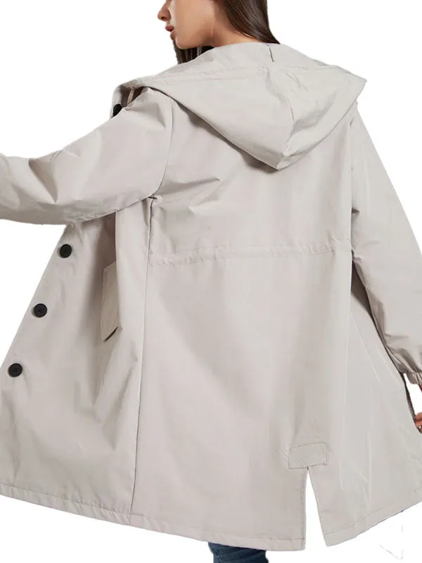 xakxx Long Sleeves Loose Buttoned Drawstring Elasticity Hooded Pockets Split-Back Waterproof High-Neck Trench Coats