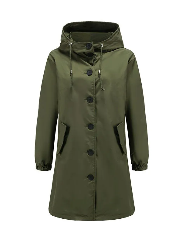 xakxx Long Sleeves Loose Buttoned Drawstring Elasticity Hooded Pockets Split-Back Waterproof High-Neck Trench Coats