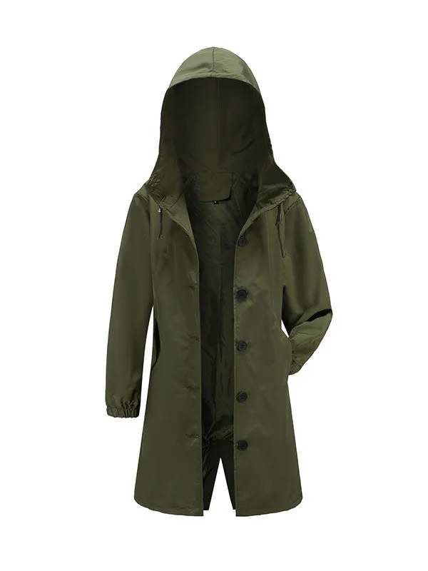 xakxx Long Sleeves Loose Buttoned Drawstring Elasticity Hooded Pockets Split-Back Waterproof High-Neck Trench Coats