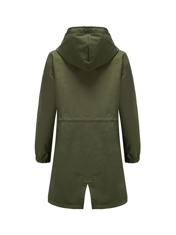 xakxx Long Sleeves Loose Buttoned Drawstring Elasticity Hooded Pockets Split-Back Waterproof High-Neck Trench Coats