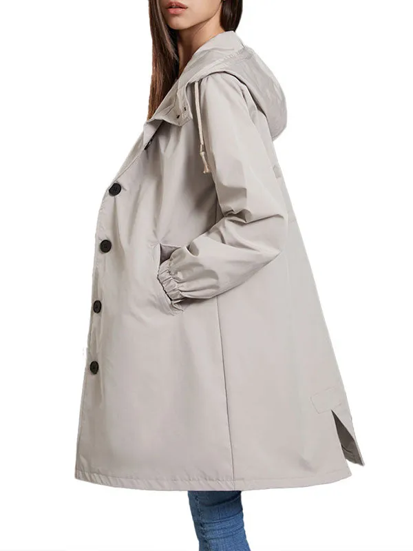 xakxx Long Sleeves Loose Buttoned Drawstring Elasticity Hooded Pockets Split-Back Waterproof High-Neck Trench Coats