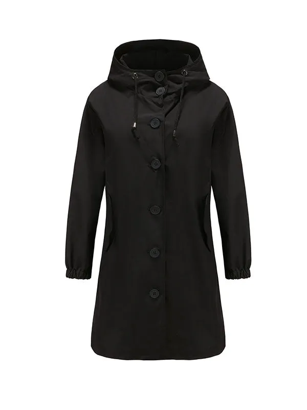 xakxx Long Sleeves Loose Buttoned Drawstring Elasticity Hooded Pockets Split-Back Waterproof High-Neck Trench Coats