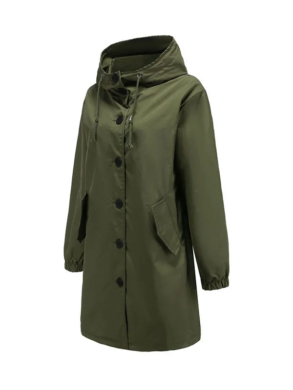 xakxx Long Sleeves Loose Buttoned Drawstring Elasticity Hooded Pockets Split-Back Waterproof High-Neck Trench Coats