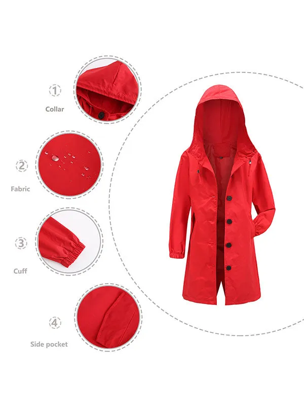 xakxx Long Sleeves Loose Buttoned Drawstring Elasticity Hooded Pockets Split-Back Waterproof High-Neck Trench Coats