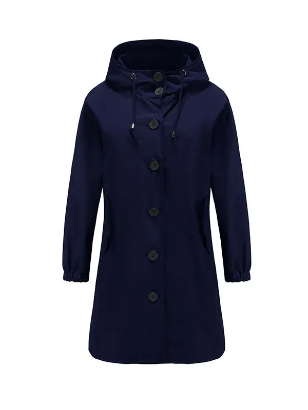 xakxx Long Sleeves Loose Buttoned Drawstring Elasticity Hooded Pockets Split-Back Waterproof High-Neck Trench Coats