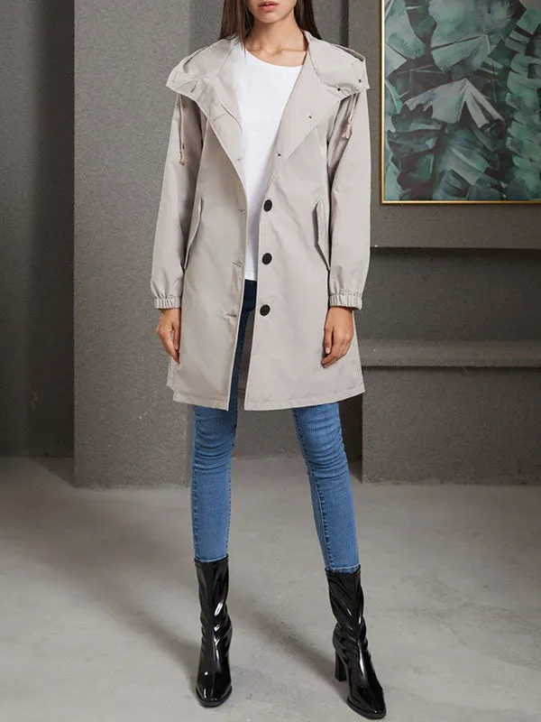 xakxx Long Sleeves Loose Buttoned Drawstring Elasticity Hooded Pockets Split-Back Waterproof High-Neck Trench Coats