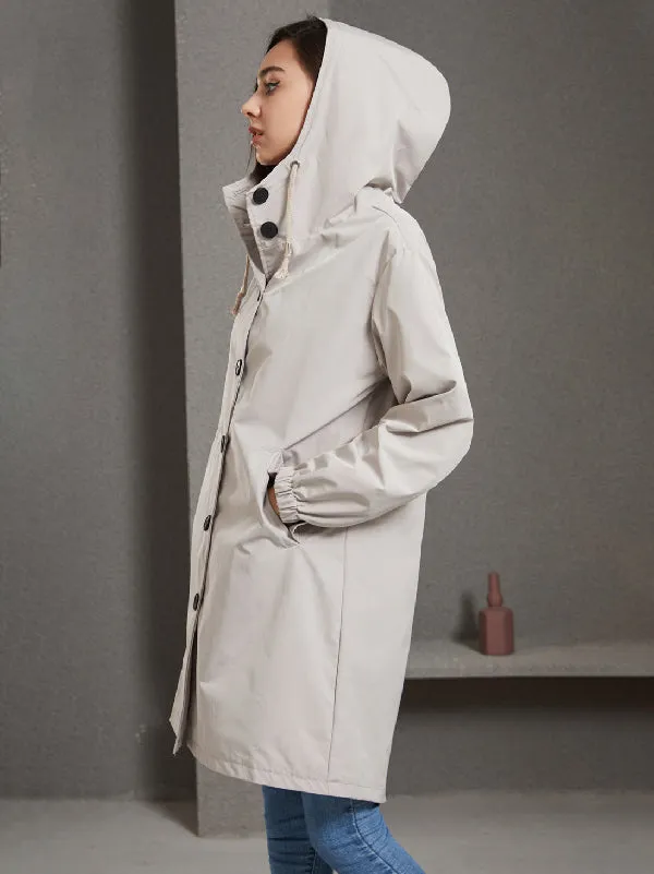 xakxx Long Sleeves Loose Buttoned Drawstring Elasticity Hooded Pockets Split-Back Waterproof High-Neck Trench Coats