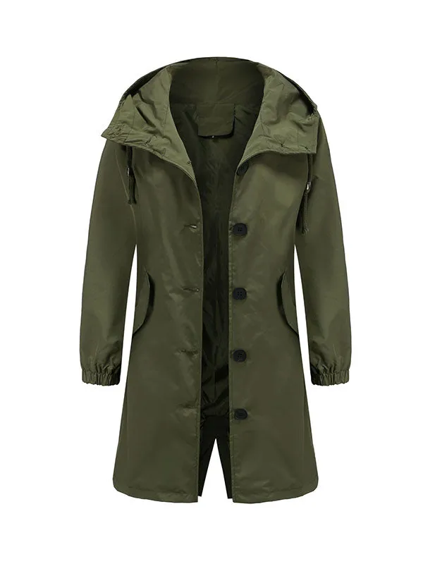 xakxx Long Sleeves Loose Buttoned Drawstring Elasticity Hooded Pockets Split-Back Waterproof High-Neck Trench Coats