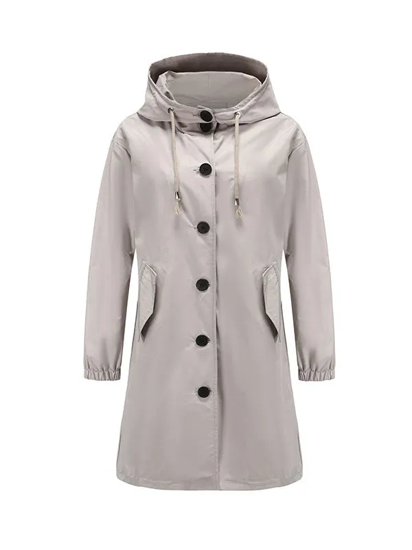 xakxx Long Sleeves Loose Buttoned Drawstring Elasticity Hooded Pockets Split-Back Waterproof High-Neck Trench Coats