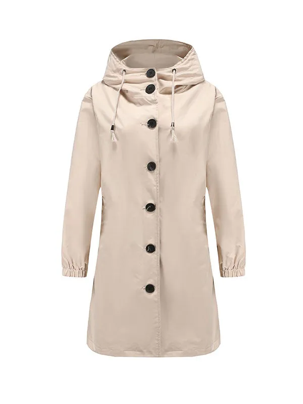 xakxx Long Sleeves Loose Buttoned Drawstring Elasticity Hooded Pockets Split-Back Waterproof High-Neck Trench Coats