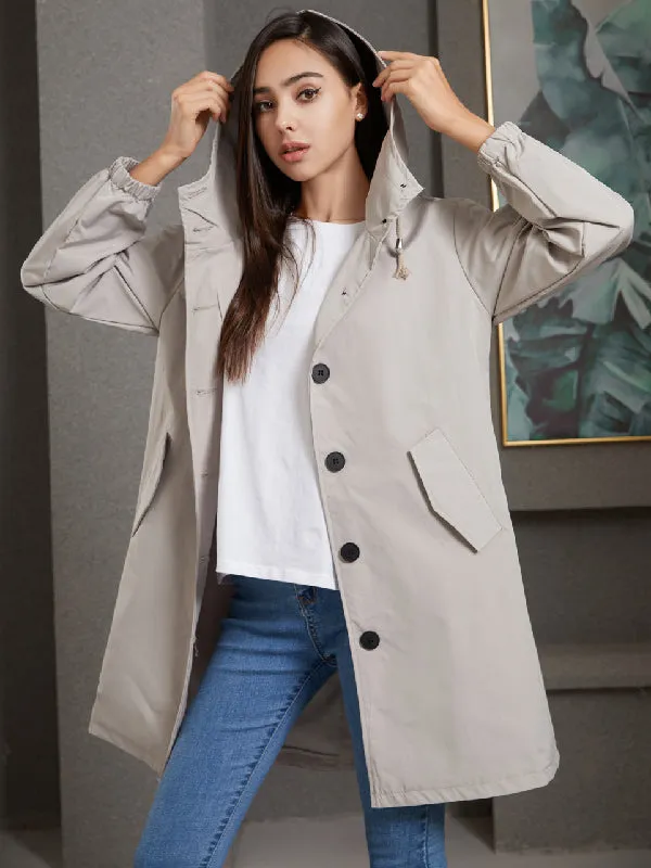 xakxx Long Sleeves Loose Buttoned Drawstring Elasticity Hooded Pockets Split-Back Waterproof High-Neck Trench Coats