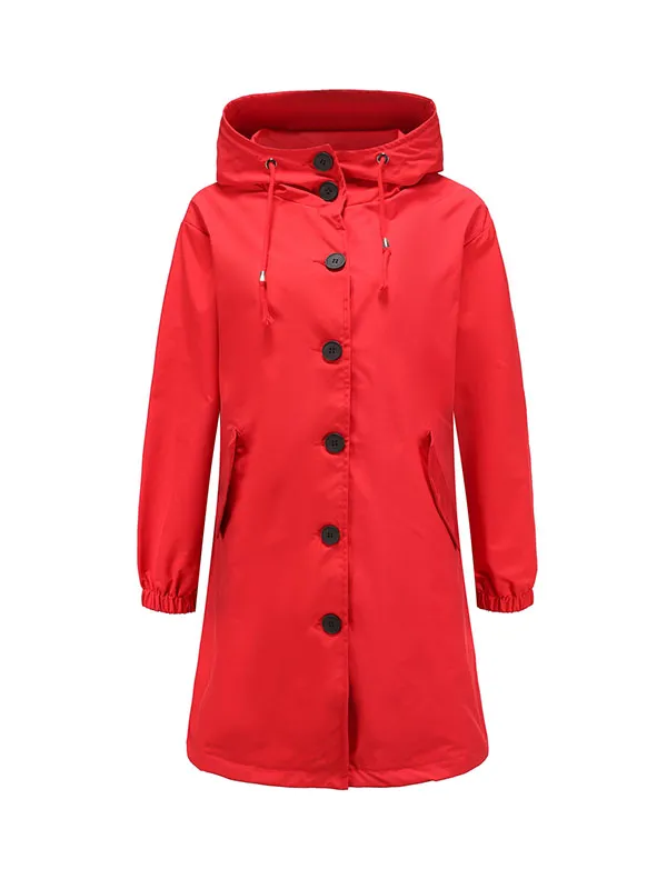 xakxx Long Sleeves Loose Buttoned Drawstring Elasticity Hooded Pockets Split-Back Waterproof High-Neck Trench Coats